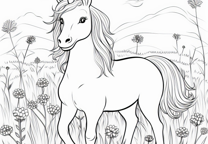 Unicorn en la pradera con paisaje montañoso: Imagen para colorear descargable de forma gratuita