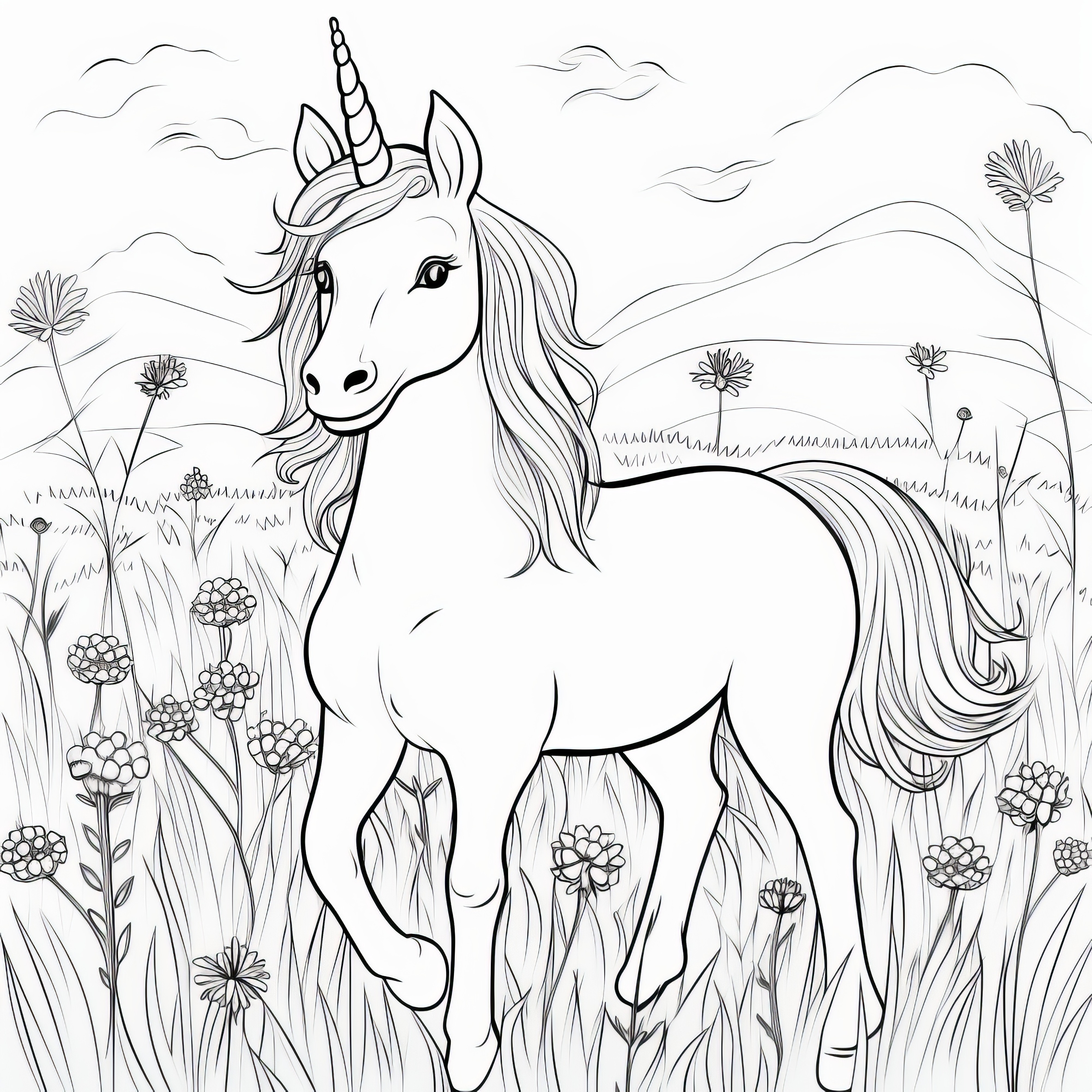 Unicorn en la pradera con paisaje montañoso: Imagen para colorear gratuita para descargar