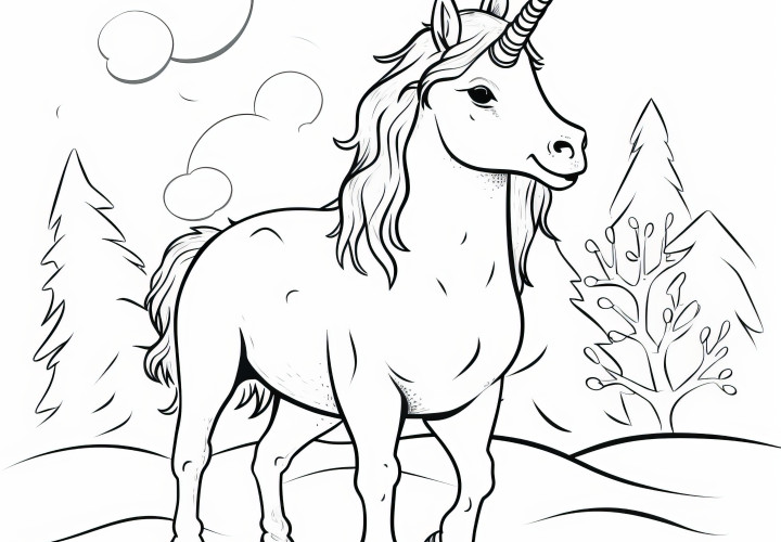 Licorne piétine à travers un paysage enneigé: image à colorier pour les enfants (Gratuit)