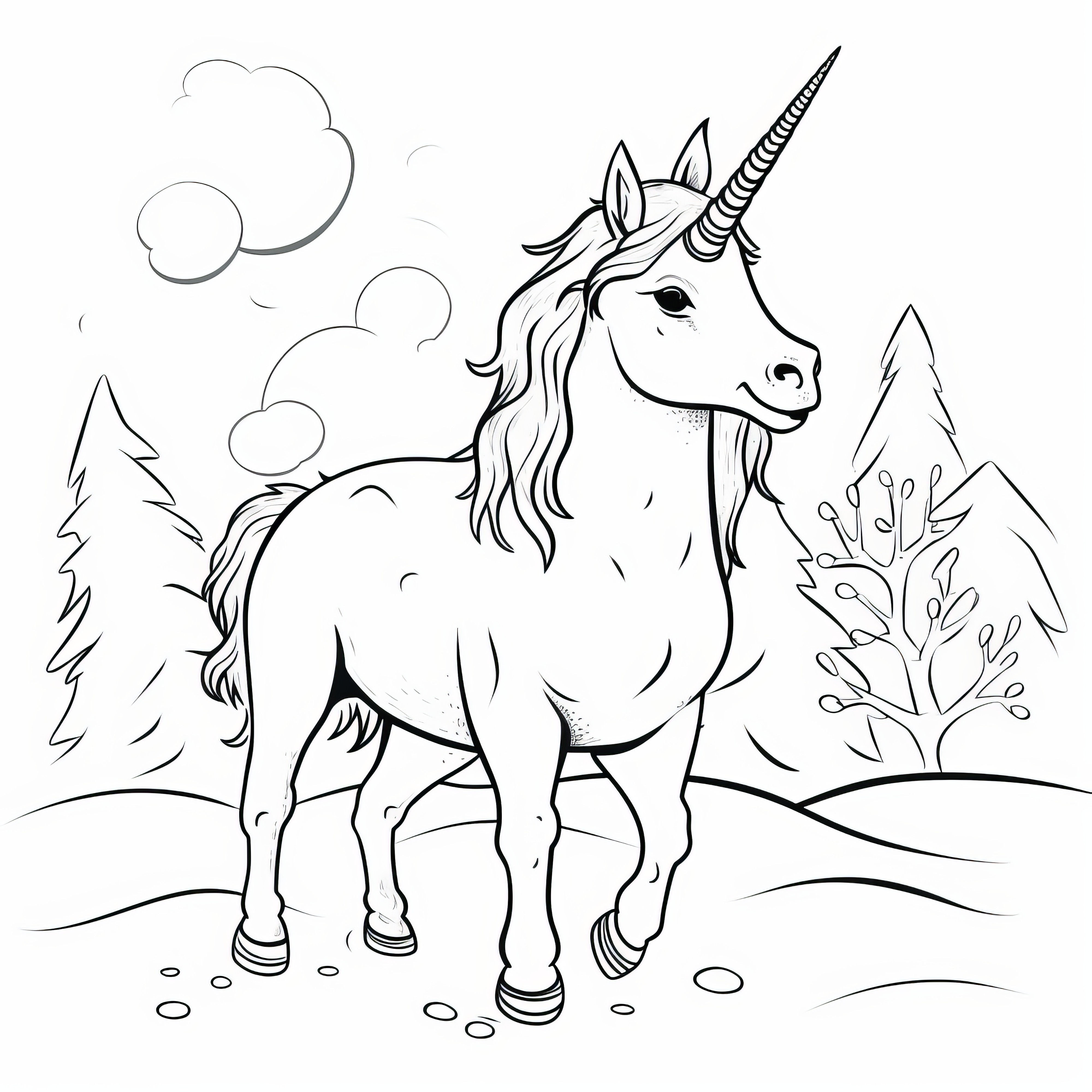 Licorne traversant un paysage enneigé : coloriage pour enfants (Gratuit)