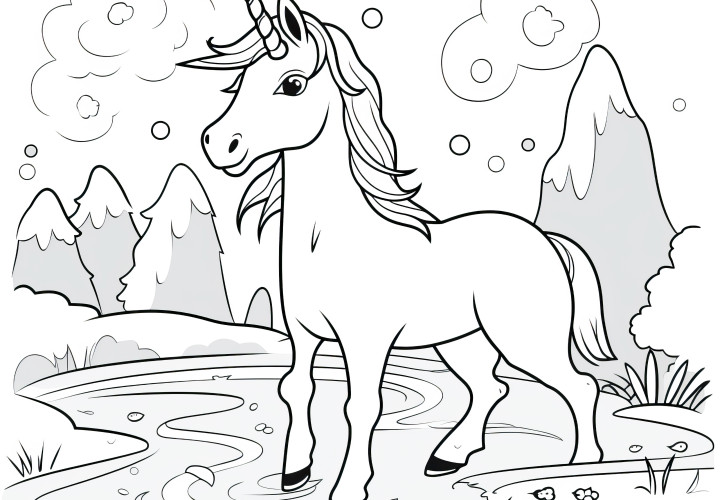 Licorne dans un paysage montagneux enneigé : Coloriage facile (Gratuit)