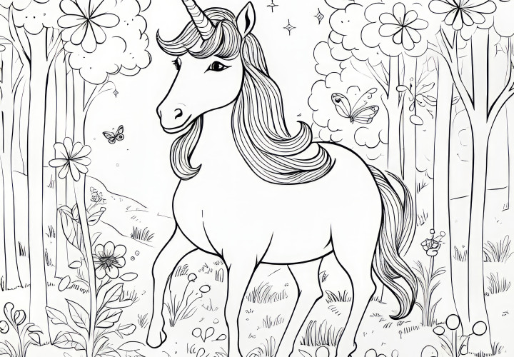 Licorne dans la forêt magique : Coloriage détaillé pour enfants (Gratuit)