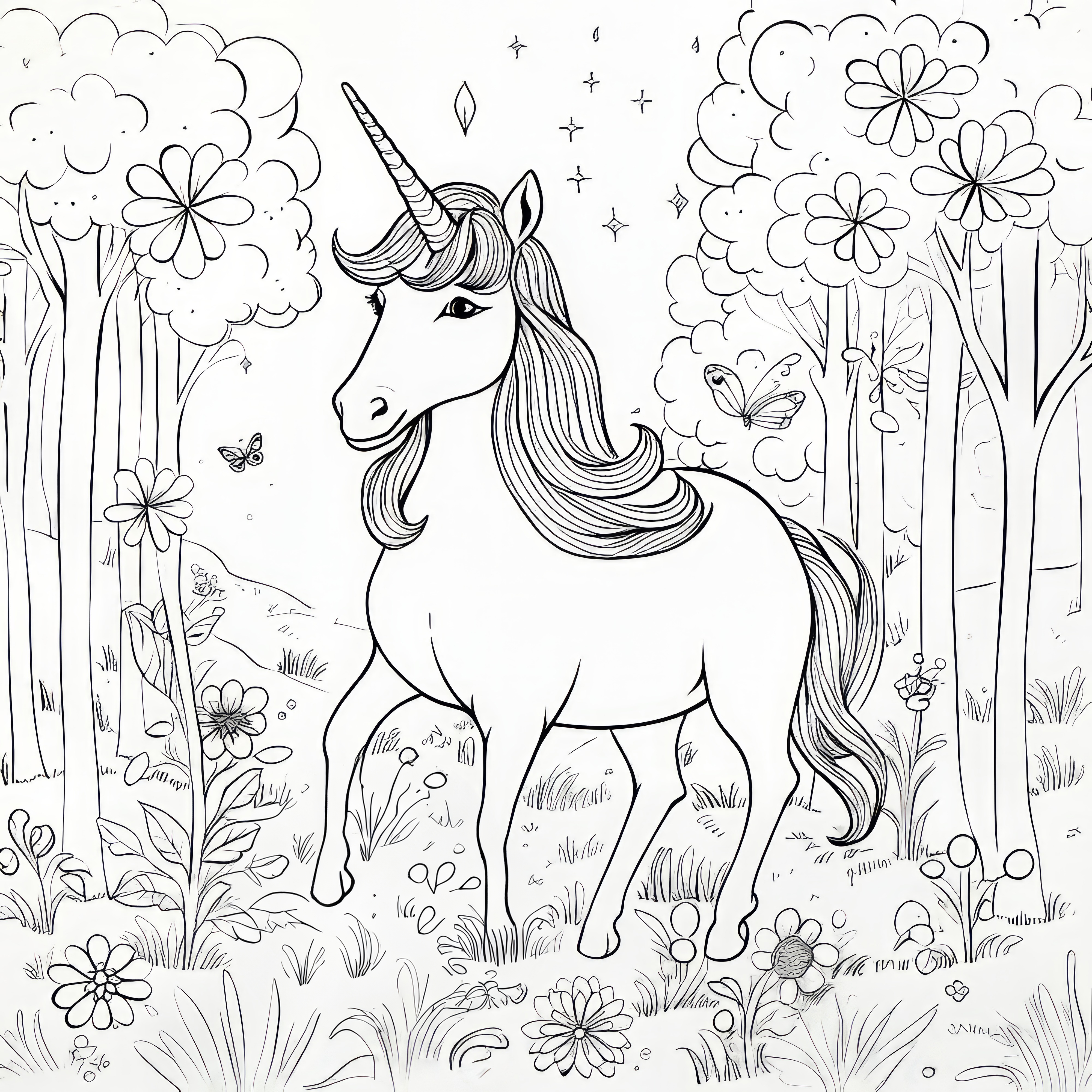 Licorne dans la forêt magique: Coloriage détaillé pour enfants (Gratuit)