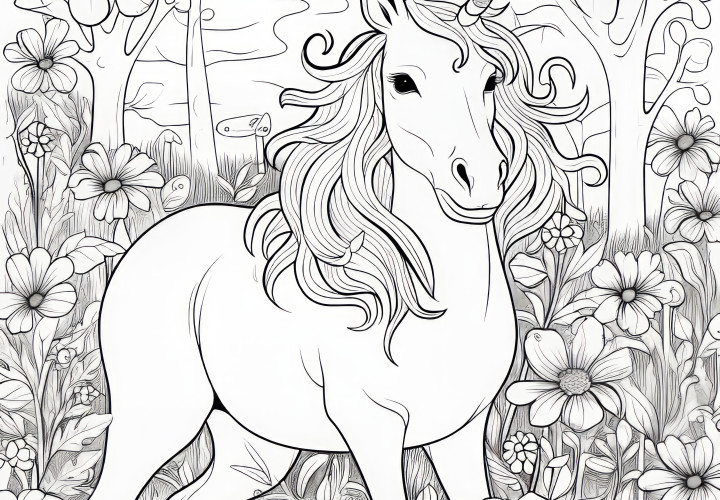 Unicorn en el colorido bosque de flores: Ilustración detallada para colorear e imprimir (Gratis)