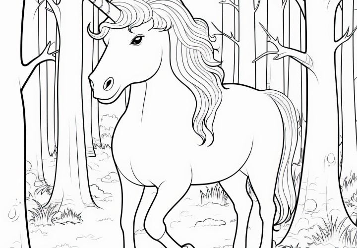 Unicorn en el bosque místico: Dibujo para colorear fácil (Descarga gratis)