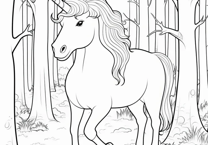 Unicórnio numa floresta mística: Desenho para colorir simples (Descarregar gratuitamente)