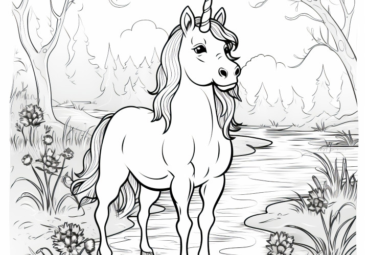 Unicornio mágico en el bosque: Imagen para colorear (Gratis)