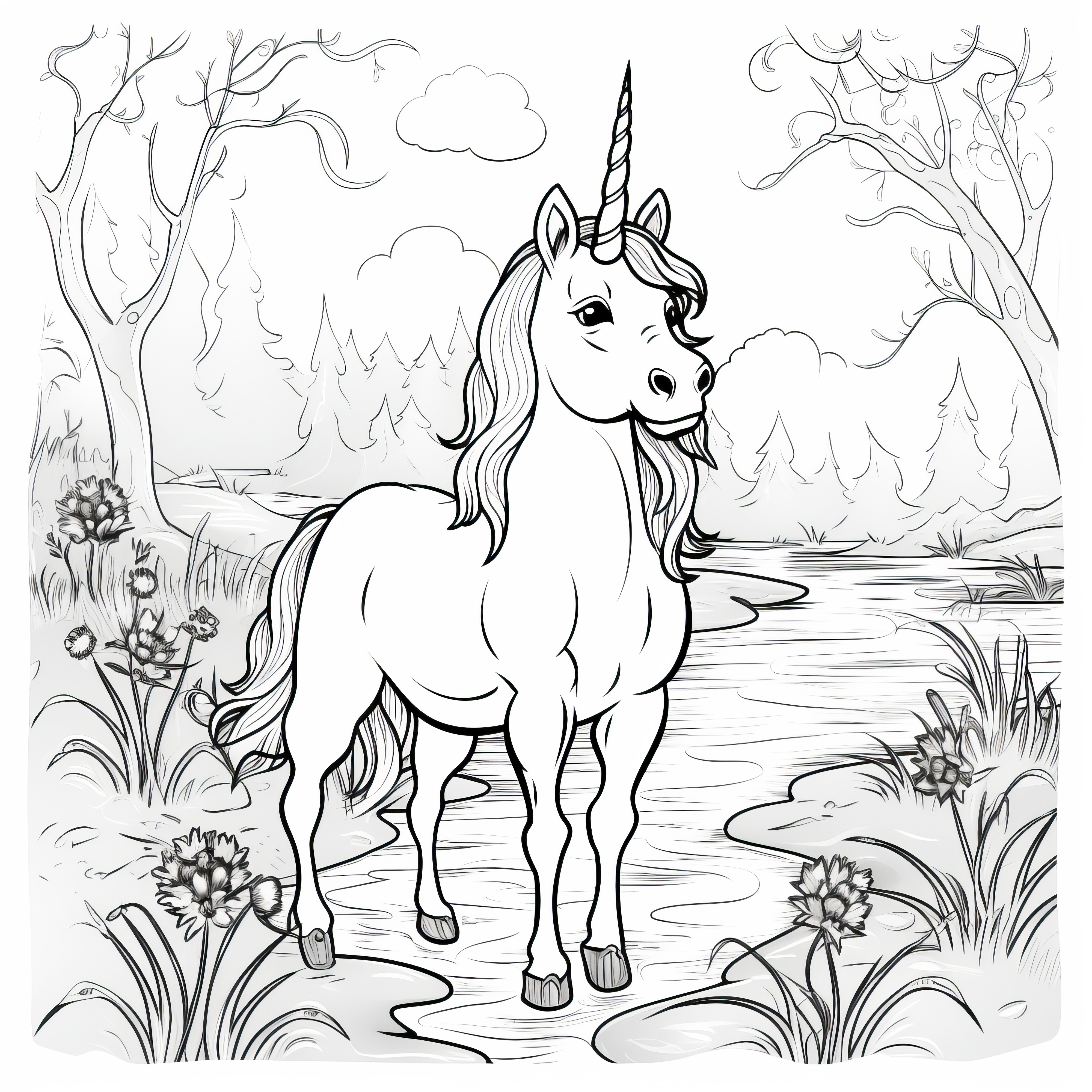 Licorne magique au ruisseau de la forêt : image à colorier (gratuit)