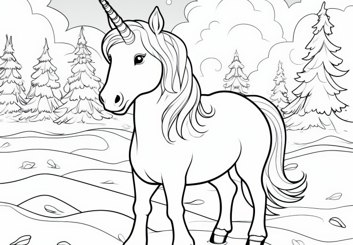 Unicorn en un encantador paisaje invernal: imagen para colorear gratis para niños