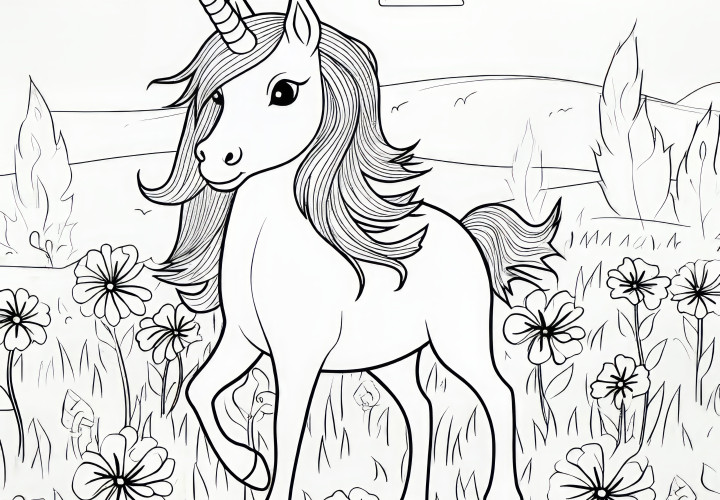 Unicorn en un prado de flores hermoso: imagen para colorear, descarga gratuita