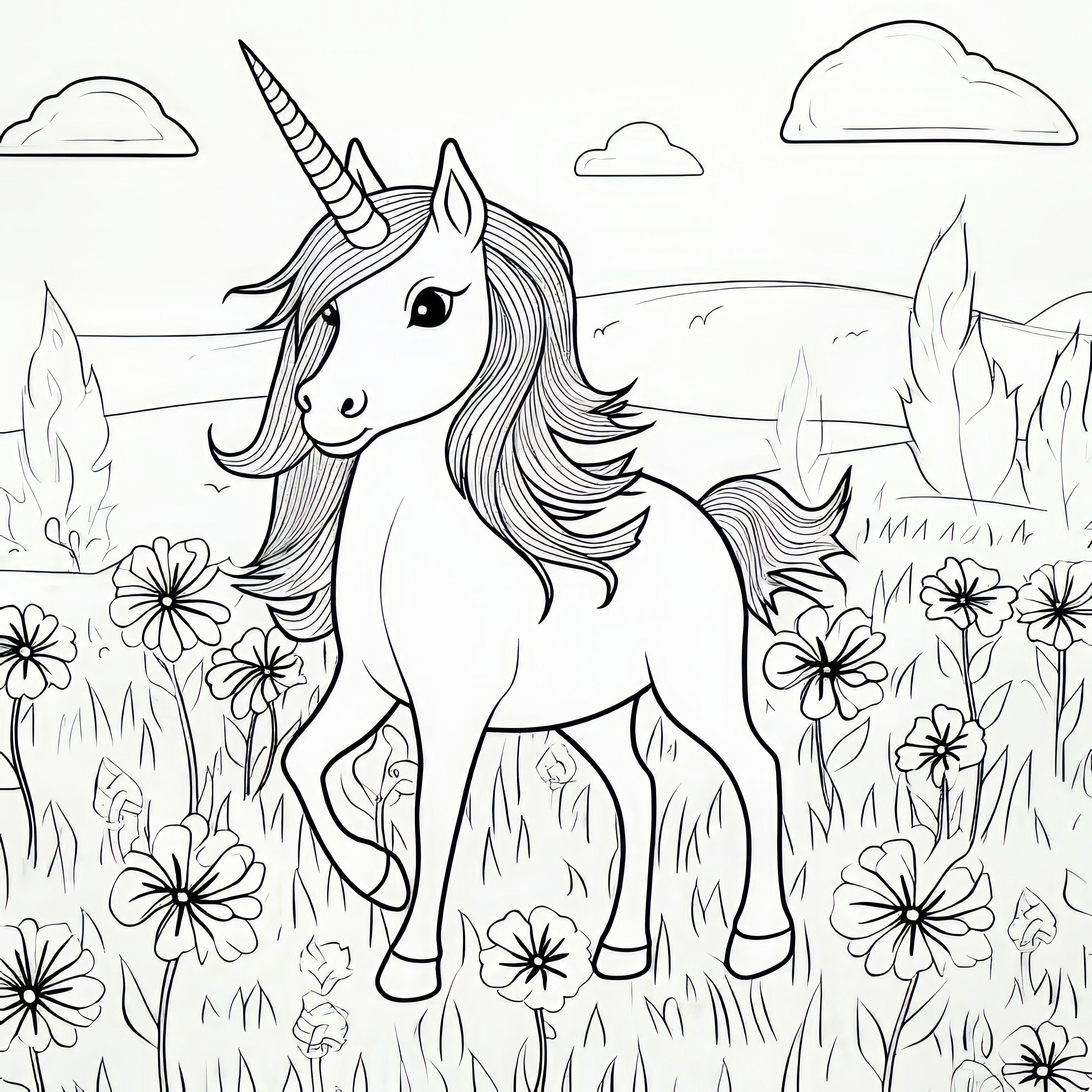 Unicorn en un hermoso prado de flores: dibujo para colorear gratis para descargar