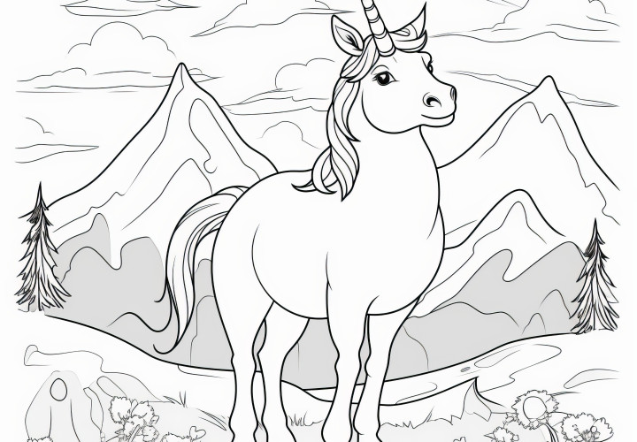 Dama unicornio frente a un paisaje montañoso: dibujo para colorear gratis para descargar