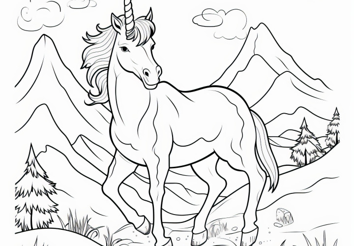 Semental unicornio ante un telón de fondo de montaña mágica: imagen para colorear para niños (Gratis)