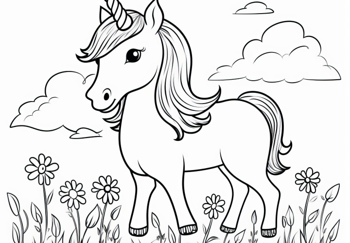 Mignon petit poney licorne dans un pré fleuri : Coloriages faciles pour enfants (Gratuit)