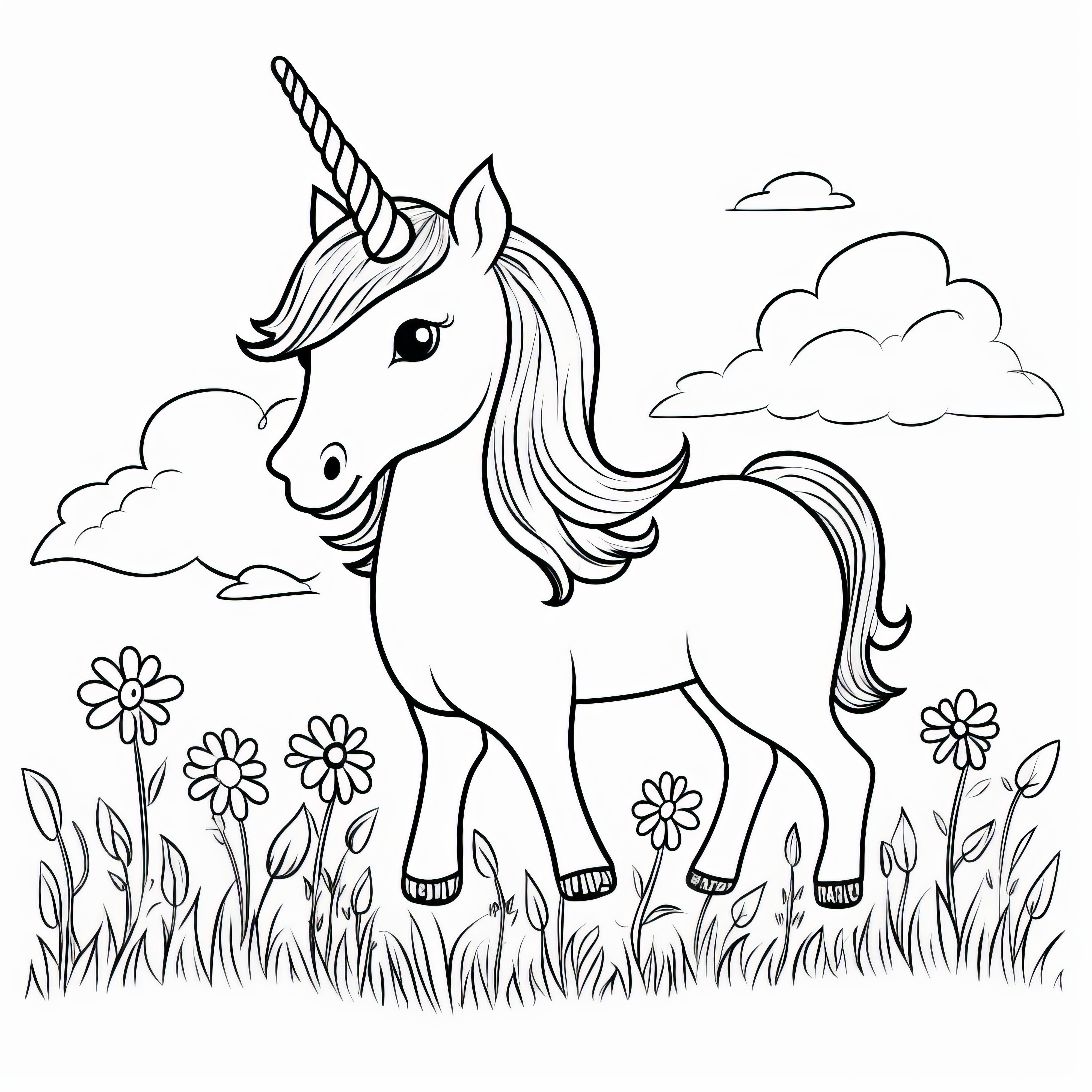 Unicorn pony lindo en prado de flores: dibujos para colorear simples para niños (Gratis)