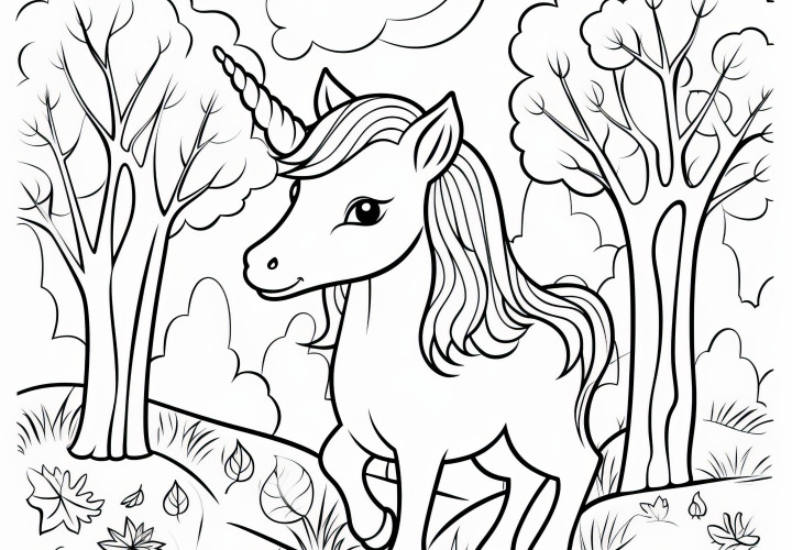 Kleine eenhoornpony in het kleurrijke herfstbos: Kleurplaat om te downloaden (Gratis)