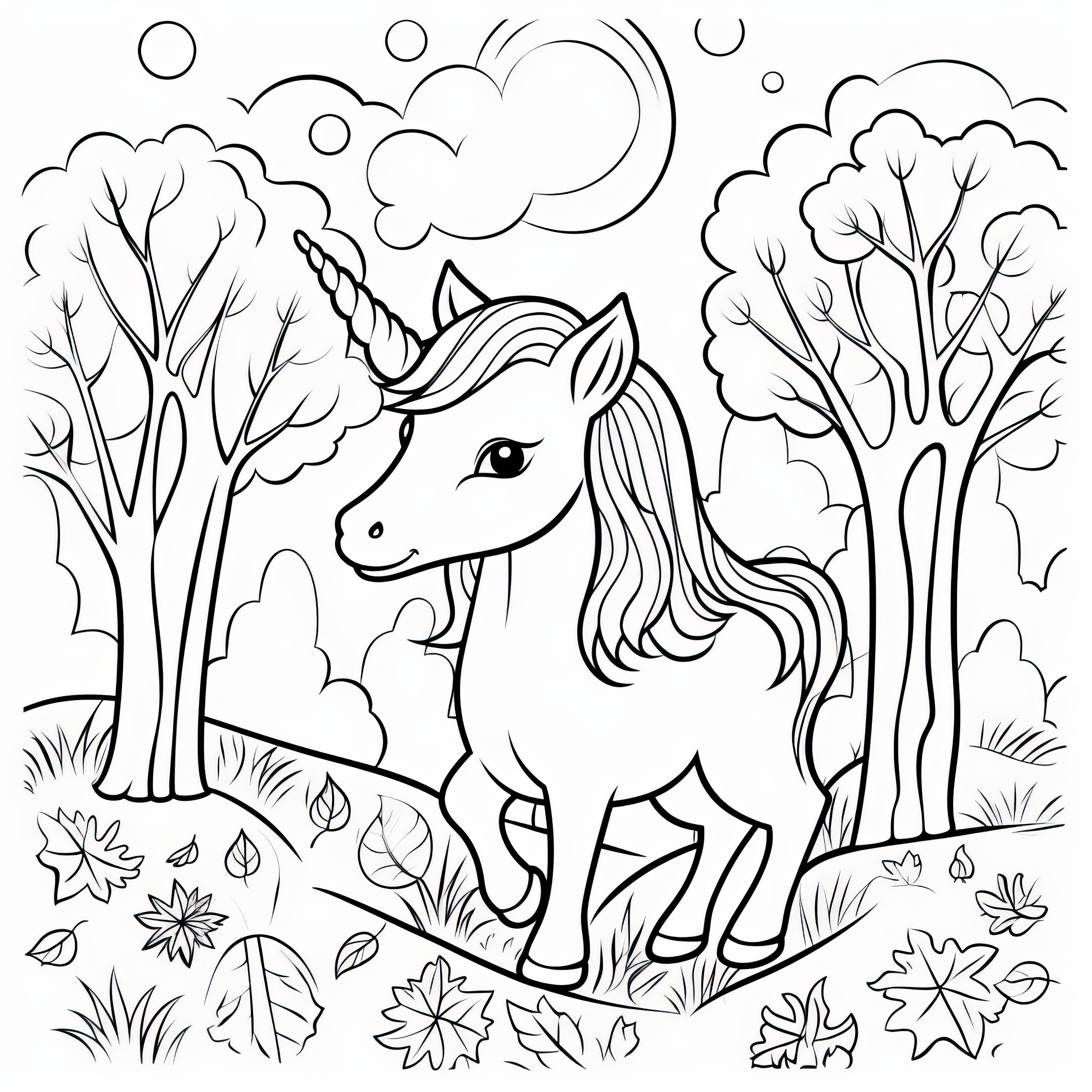 Pequeño unicornio-pony en el colorido bosque de otoño: dibujo para colorear para descargar (Gratis)