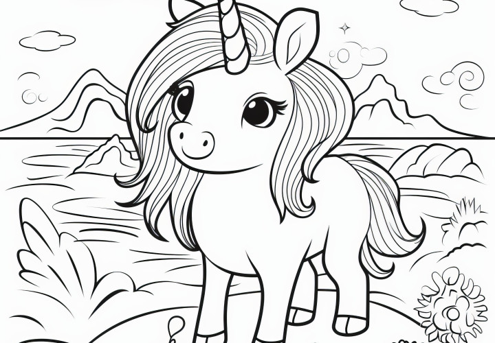 Mignon poney licorne au bord de la mer: Image à colorier gratuite à télécharger (Gratuit)