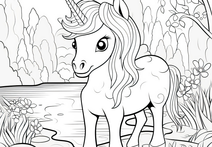 Unicornio-pony en el estanque frente a un paisaje de montaña: imagen para colorear para niños (Gratis)