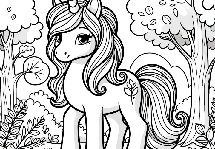 Jolie licorne poney dans la forêt mystérieuse: Coloriage simple (Gratuit)