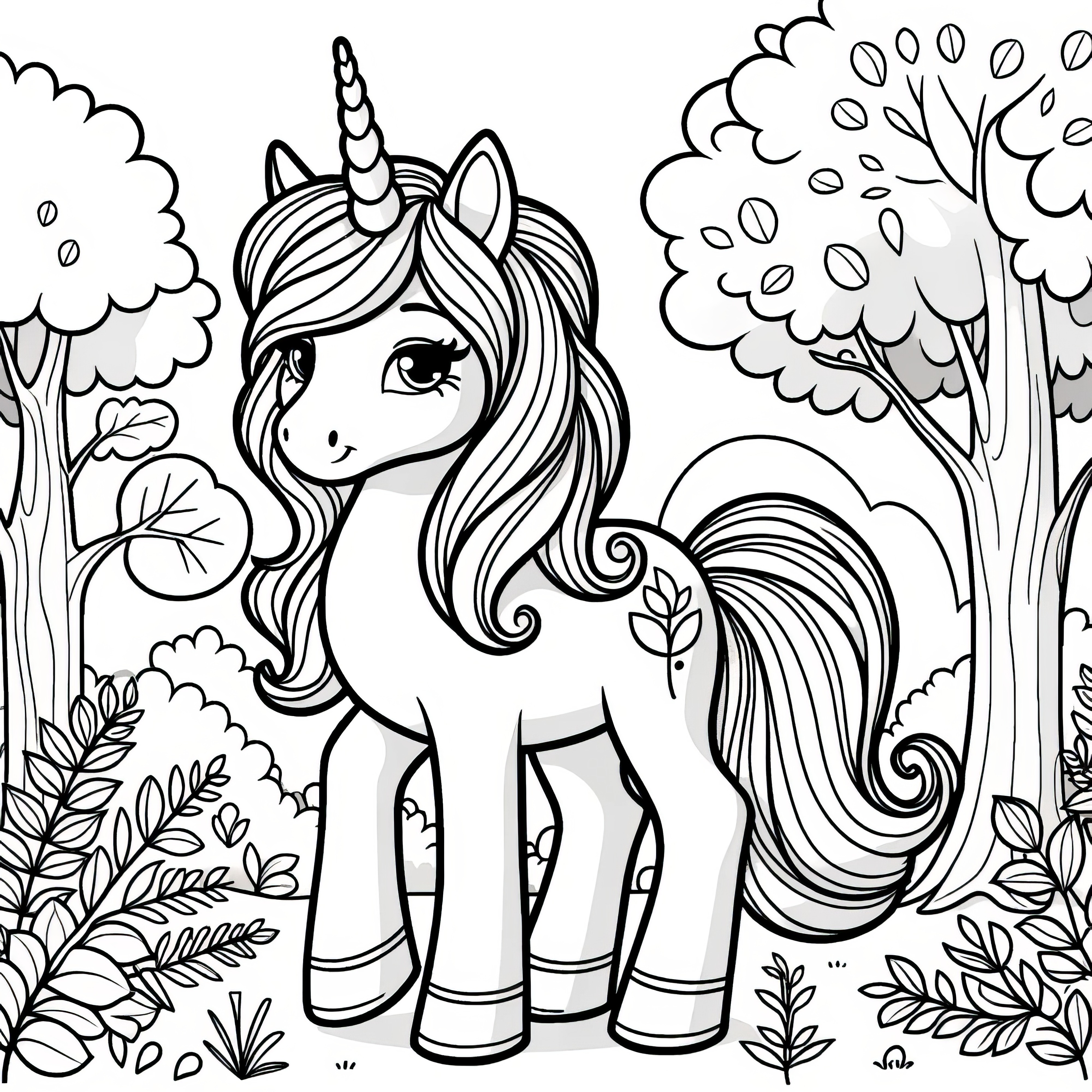 Mignon petit poney licorne dans la forêt mystérieuse : Coloriage simple (gratuit)