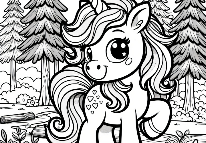 Licorne-poney magique dans la forêt enchantée : Coloriage simple gratuit