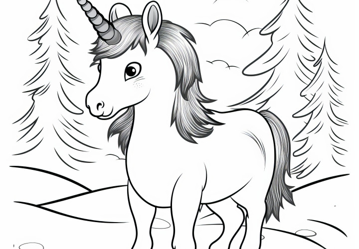 Unicorn pony asombrado en paisaje invernal: Plantilla de colorear simple (gratis)