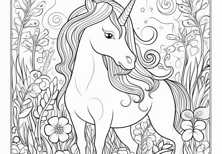 Elegante unicornio en un magnífico campo de flores: imagen para colorear (Gratis)