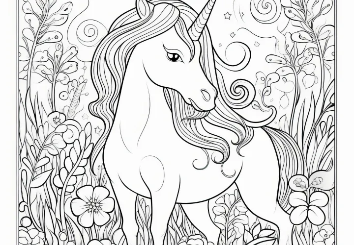 Um unicórnio elegante num magnífico campo de flores: Desenho para colorir (gratuito)