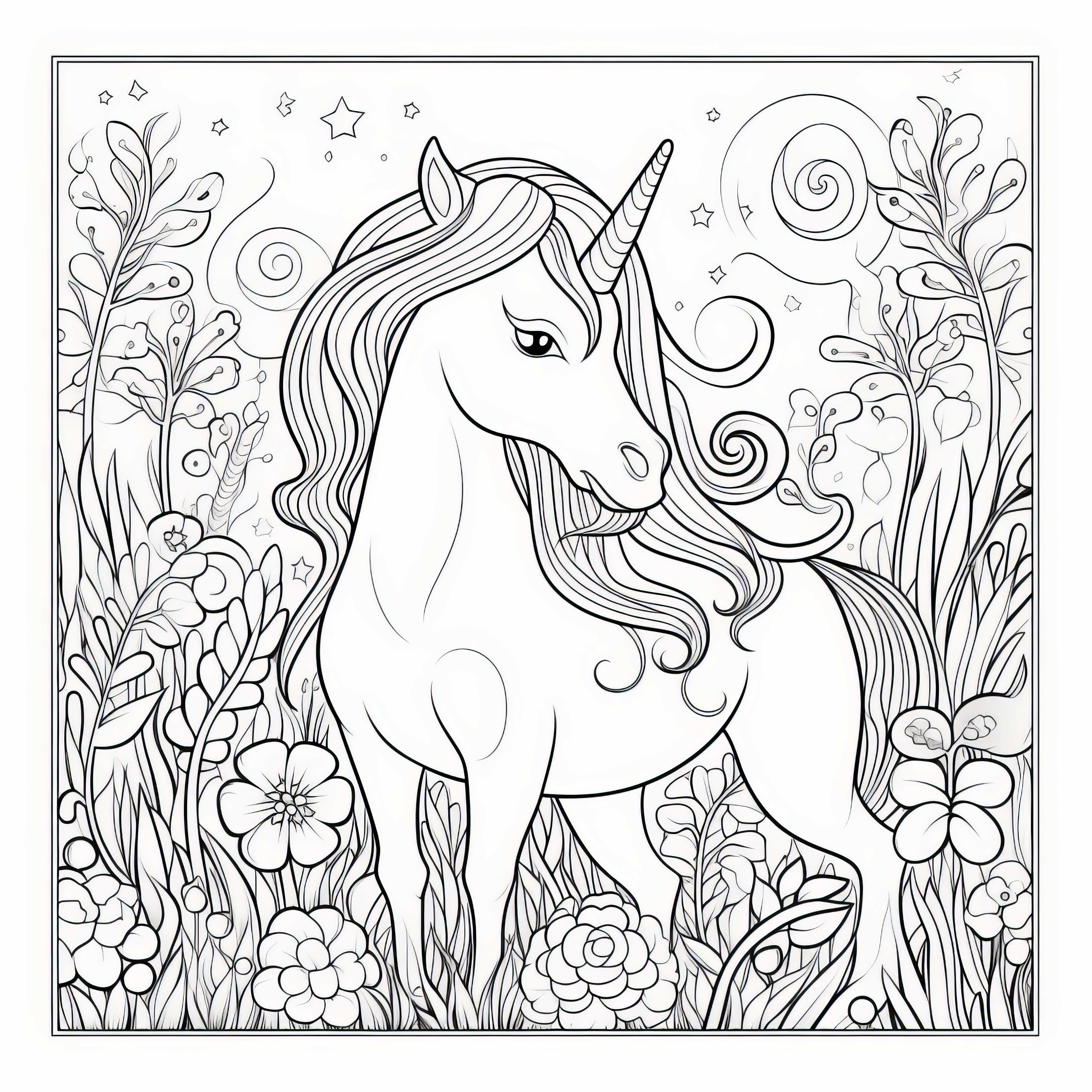 Elegante unicornio en un hermoso campo de flores: imagen para colorear (Gratis)