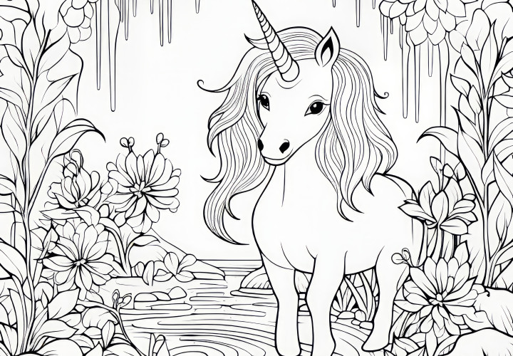 Licorne imaginative dans l'eau parmi de magnifiques fleurs : coloriage à télécharger (gratuitement)