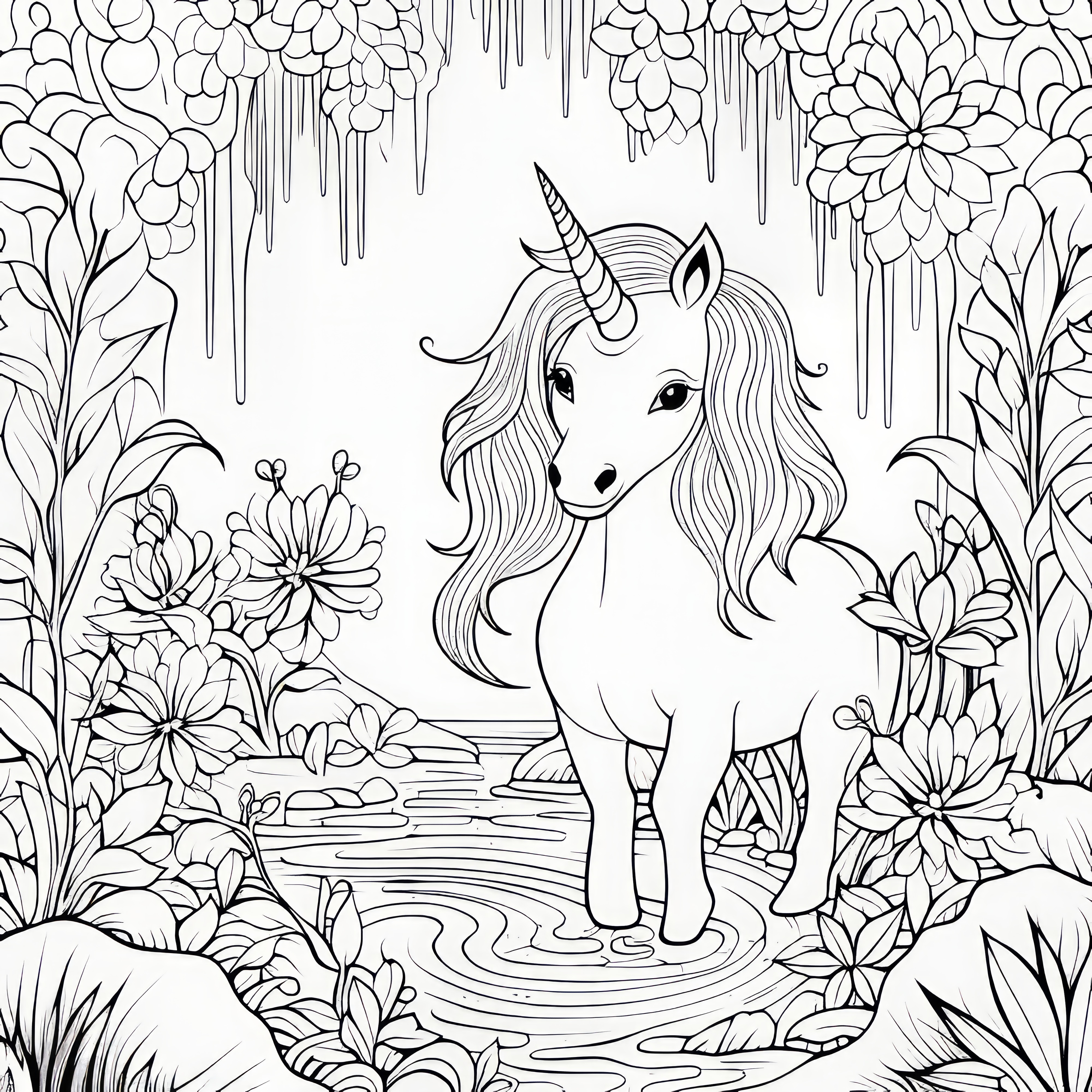 Licorne imaginative dans l'eau parmi de magnifiques fleurs : Coloriage à télécharger (gratuit)