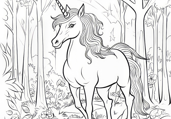 Impresionante unicornio en el bosque encantado: plantilla para colorear gratis