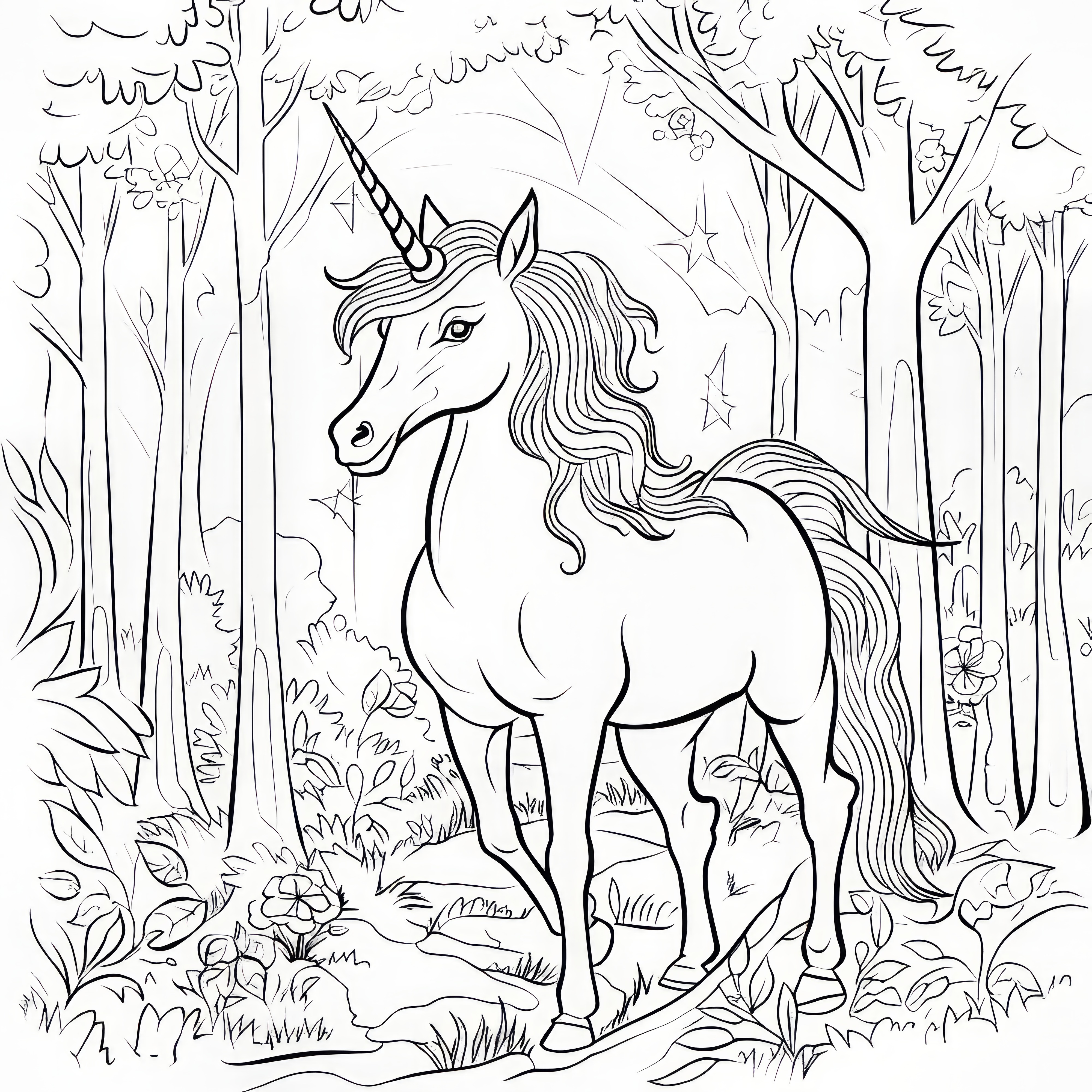 Licorne imposante dans la forêt : coloriage