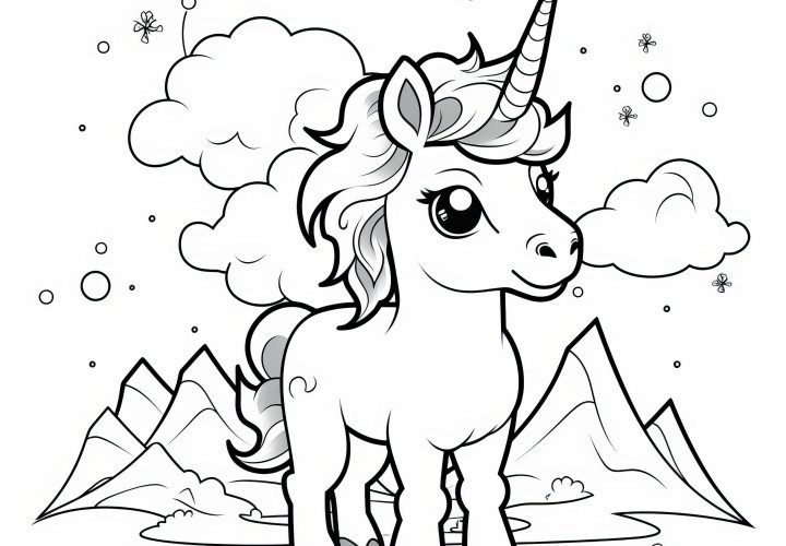 Petite licorne devant un paysage de montagne fascinant : Coloriage simple (gratuit)