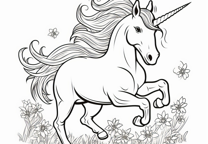 Unicornio fuerte galopa sobre prado de flores: imagen para colorear gratis