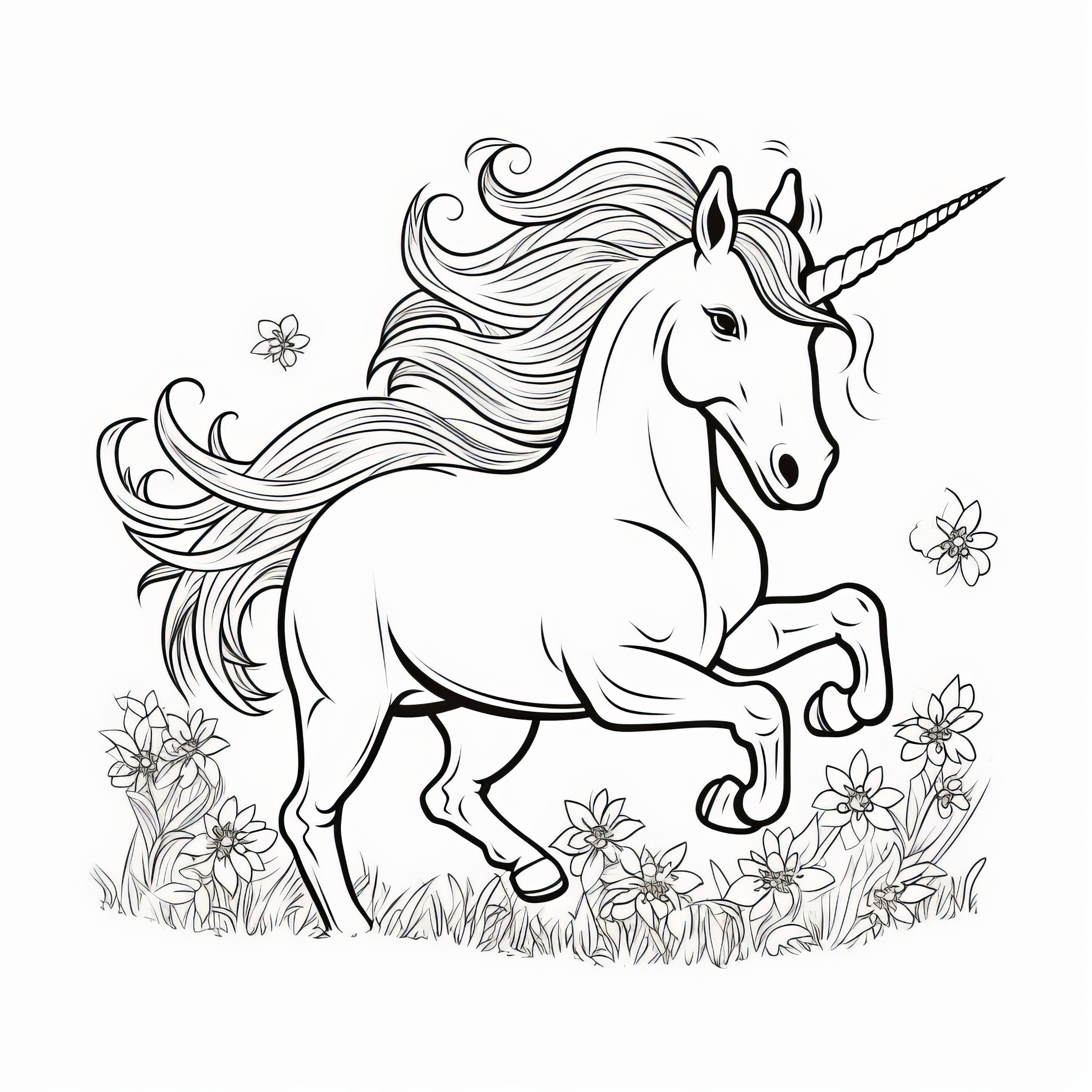 Licorne puissante galopant à travers un champ de fleurs : Image à colorier gratuite