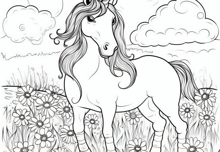 Unicornio majestuoso en pradera de flores: ¡Imagen para colorear gratuita