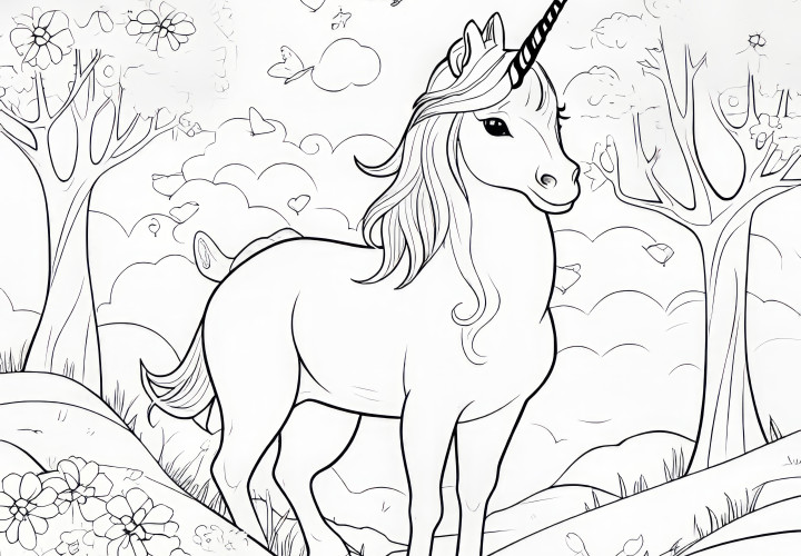 Unicornio majestuoso en paisaje natural: imagen para colorear (Gratis)