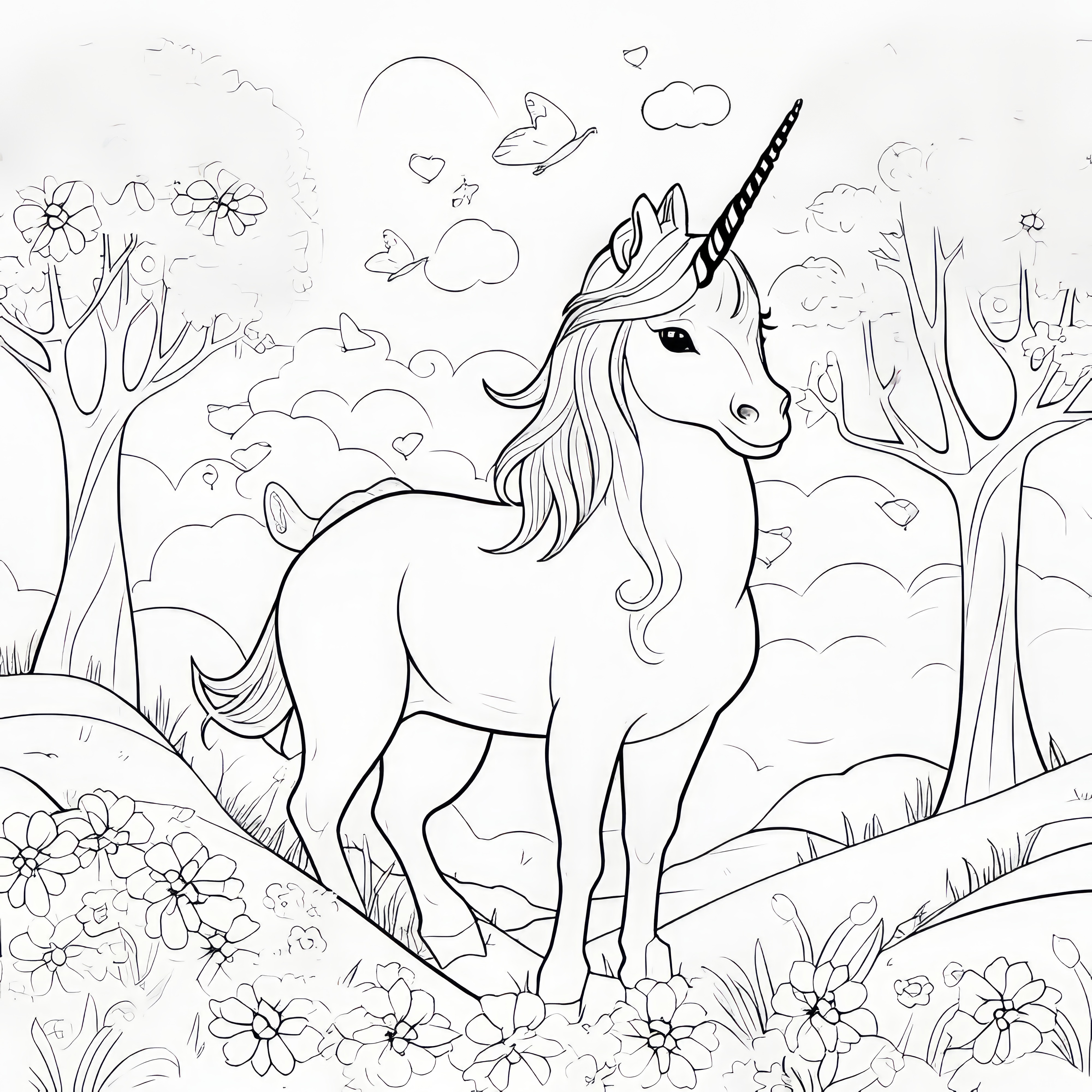 Licorne majestueuse dans un paysage naturel : image à colorier (gratuit)