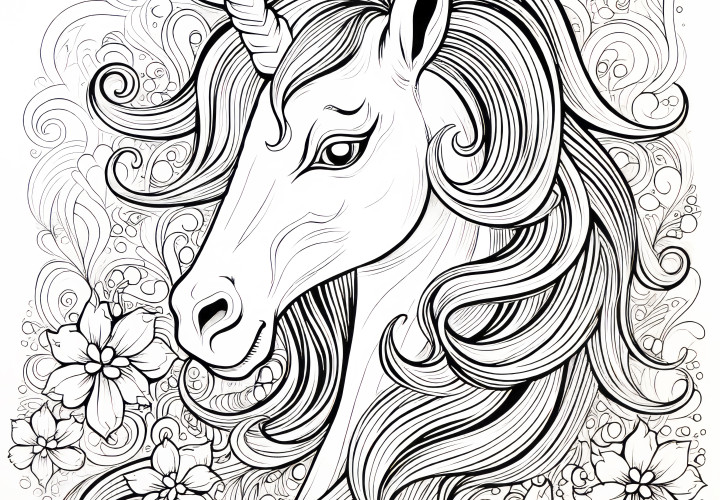 Tête de licorne gracieuse : Coloriage à télécharger gratuitement