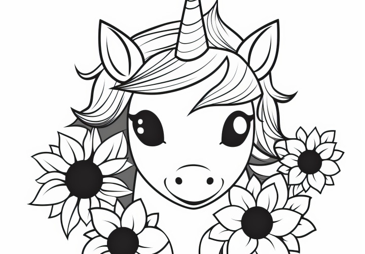 Tête de licorne avec des fleurs : Un coloriage simple (gratuit)