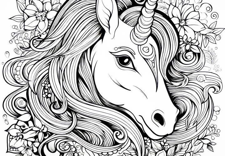 Modèle de dessin gratuit : tête de licorne avec des fleurs