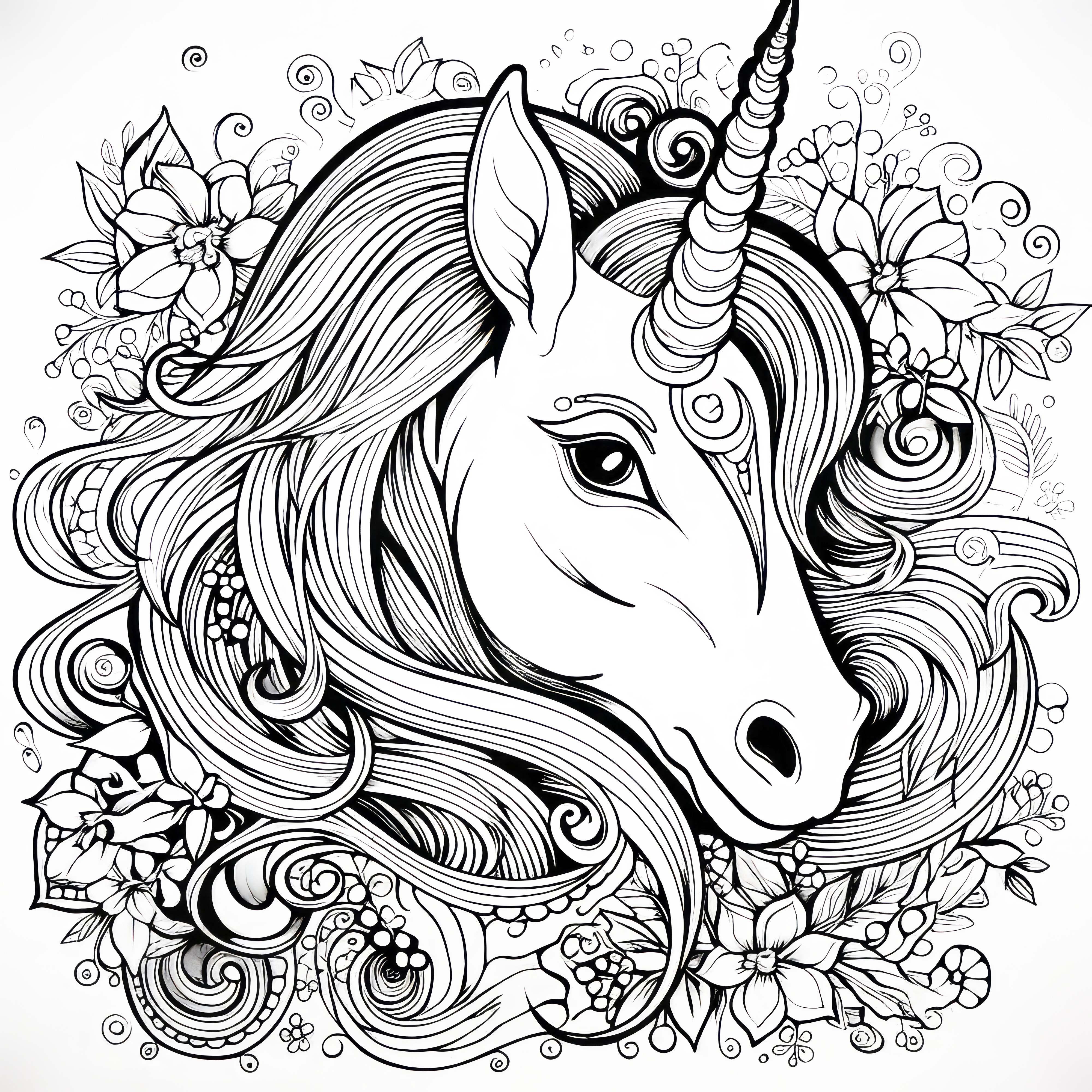 Modèle de coloriage gratuit : tête de licorne avec des fleurs