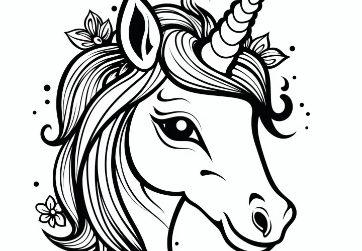 Tête de licorne avec une crinière magnifique : Image à colorier simple pour enfants (Gratuit)