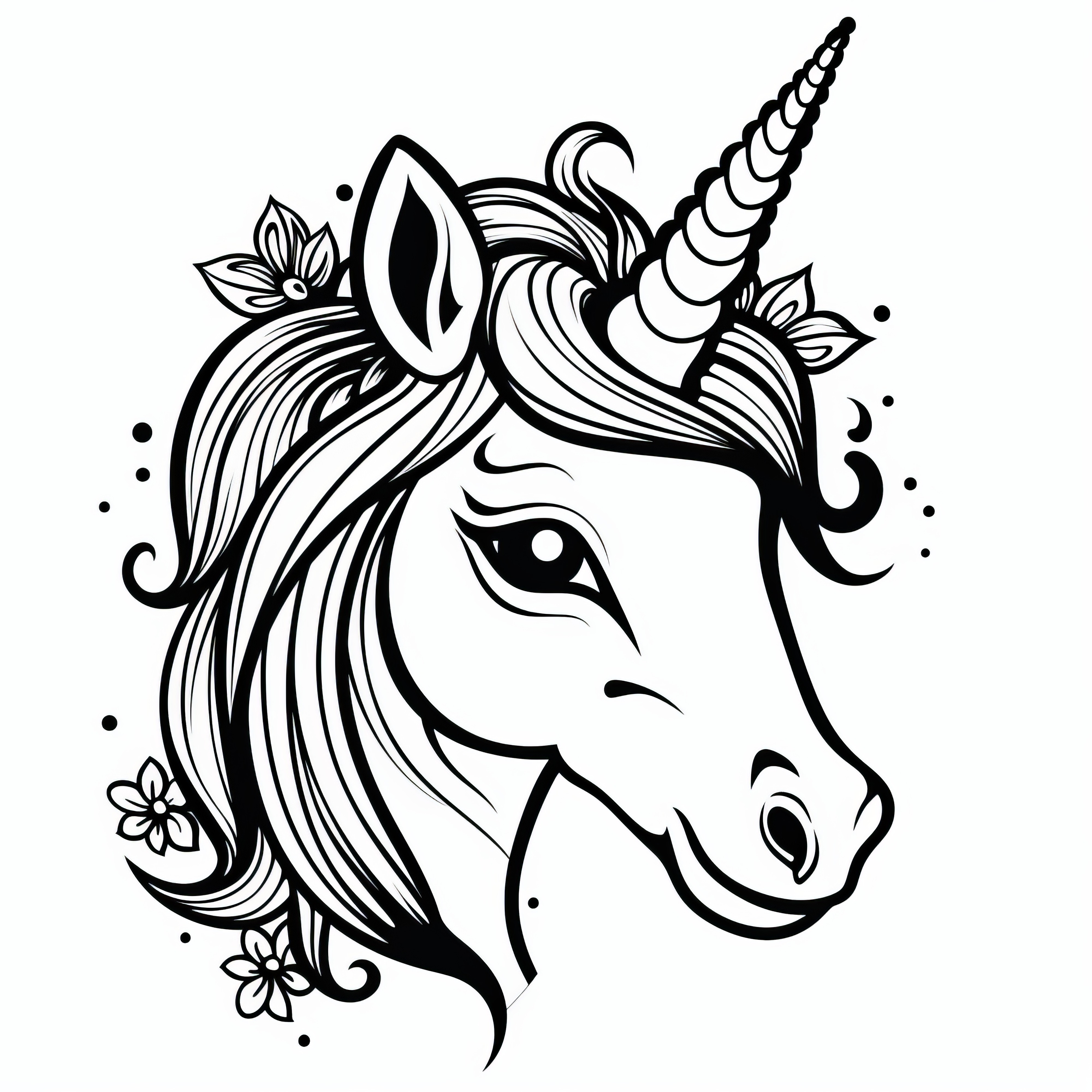 Tête de licorne avec une crinière magnifique : Coloriage simple pour enfants (Gratuit)