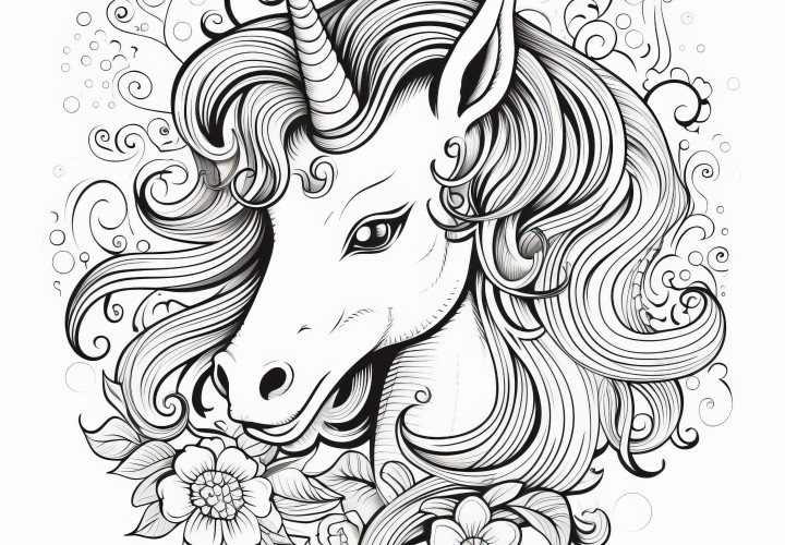 Portrait de licorne florale : coloriage gratuit à télécharger