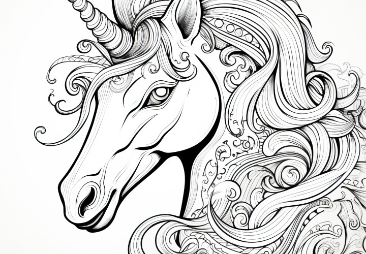 Portrait artistique d'une licorne comme modèle de coloriage (Gratuit)