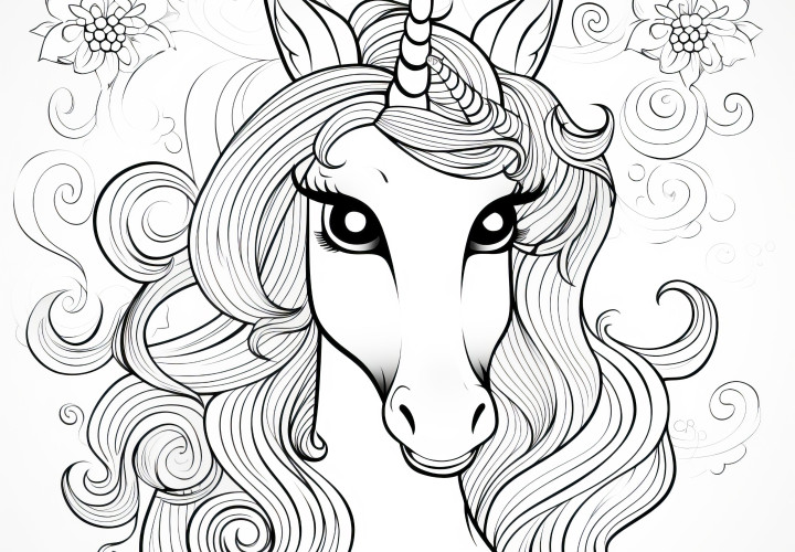 Tête d'une élégante dame licorne : coloriage à télécharger gratuitement