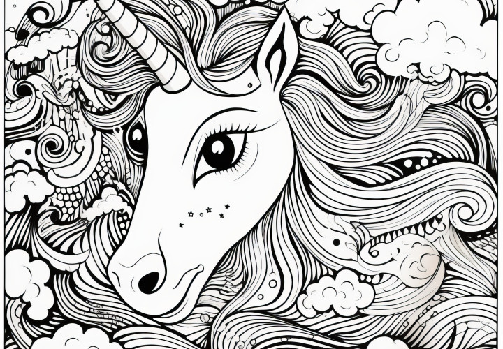 Cabeza mágica de unicornio: Hoja de dibujo para colorear descargable (Gratis)